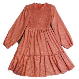 Andree By Unit Babydoll Dress Smocked Floral Shift Tiered Long Sleeve Lined Sz M